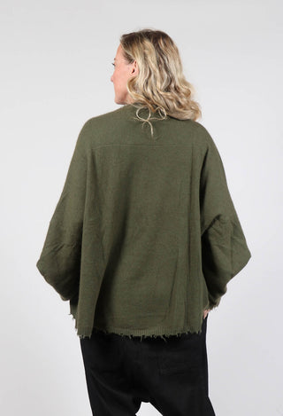 Raw Hemmed Wool Round Neck Jumper With Stitch Detailing in Olive