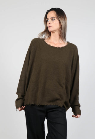 Raw Hemmed Wool Round Neck Jumper in Khaki