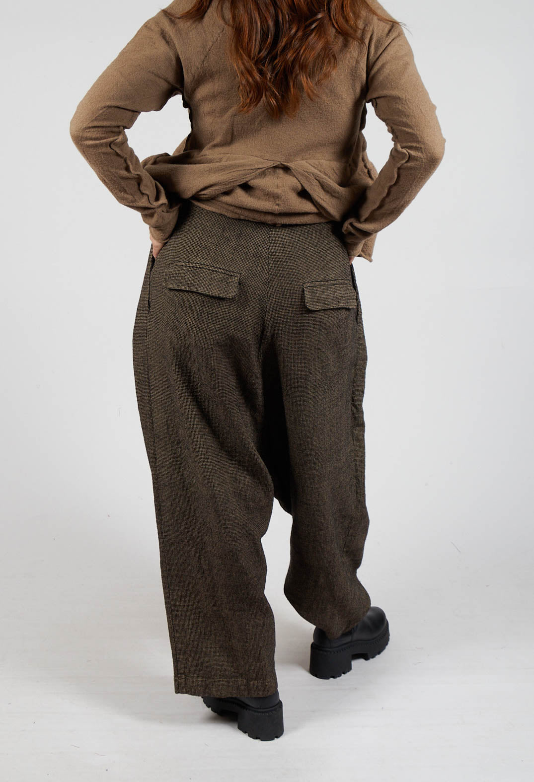 Relaxed Drop Crotch Trousers in Camel Check