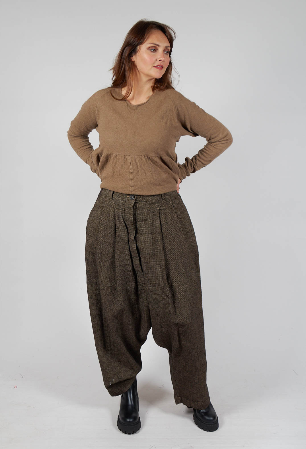 Relaxed Drop Crotch Trousers in Camel Check