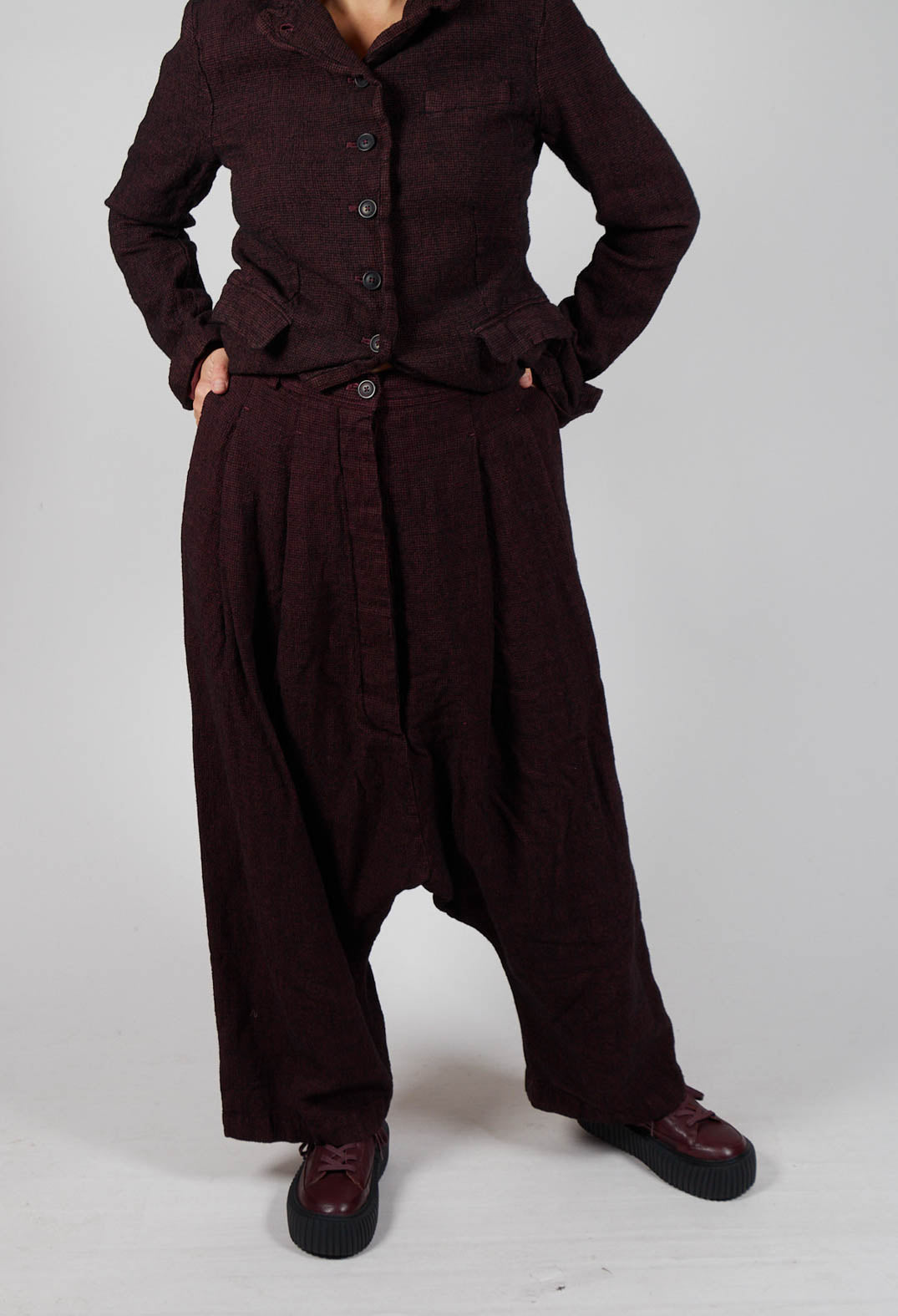 Relaxed Drop Crotch Trousers in Merlot Check