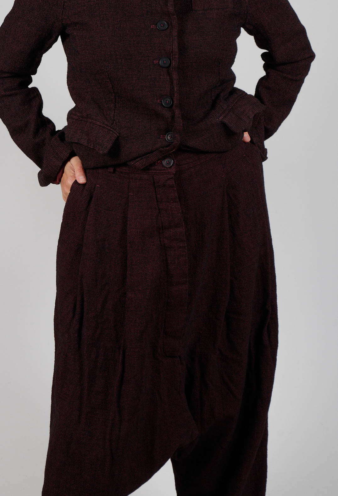 Relaxed Drop Crotch Trousers in Merlot Check