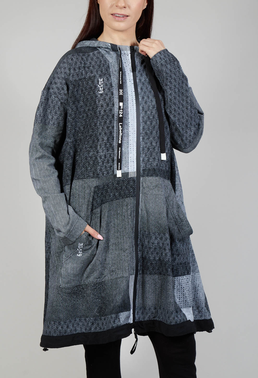Relaxed Fit Hooded Coat in Black Print