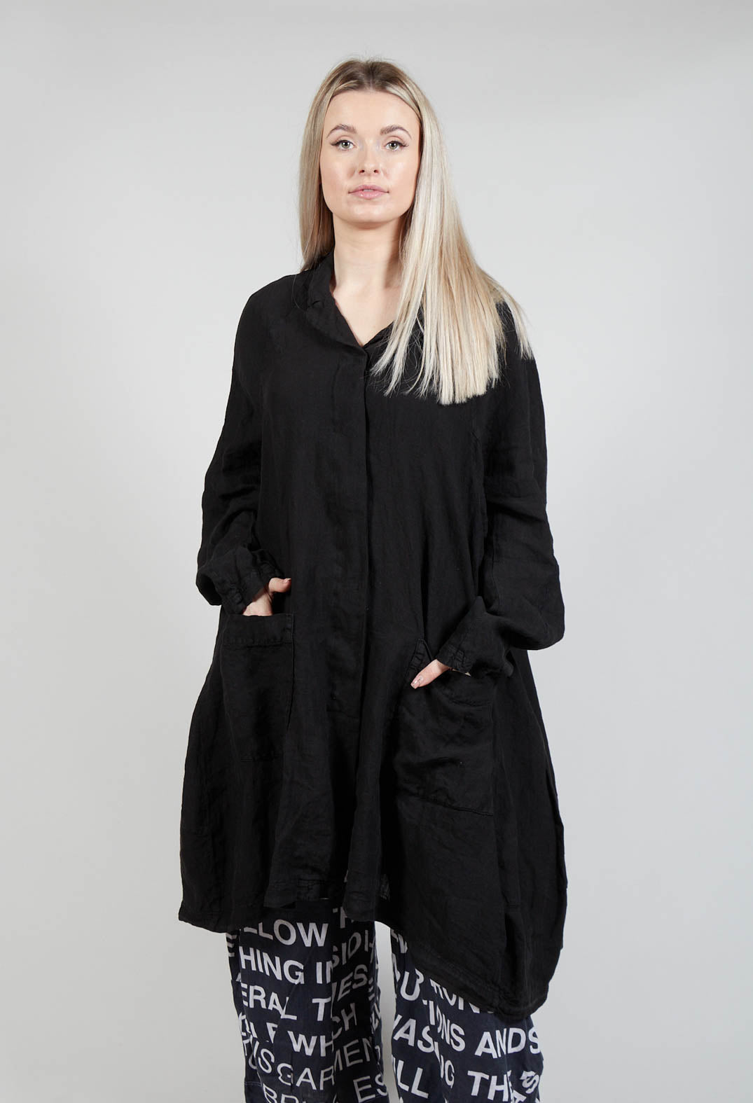 Relaxed Fit Linen Coat in Black