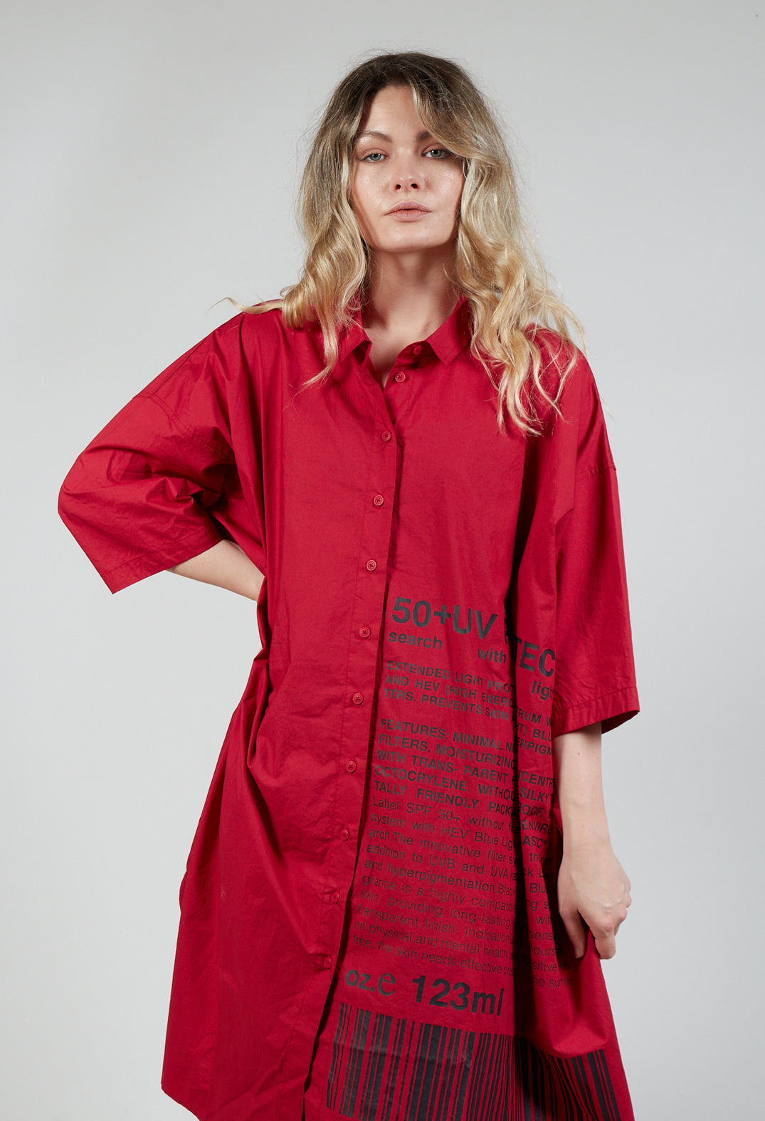 Relaxed Fit Shirt Dress with Lettering Motif in Chili Print