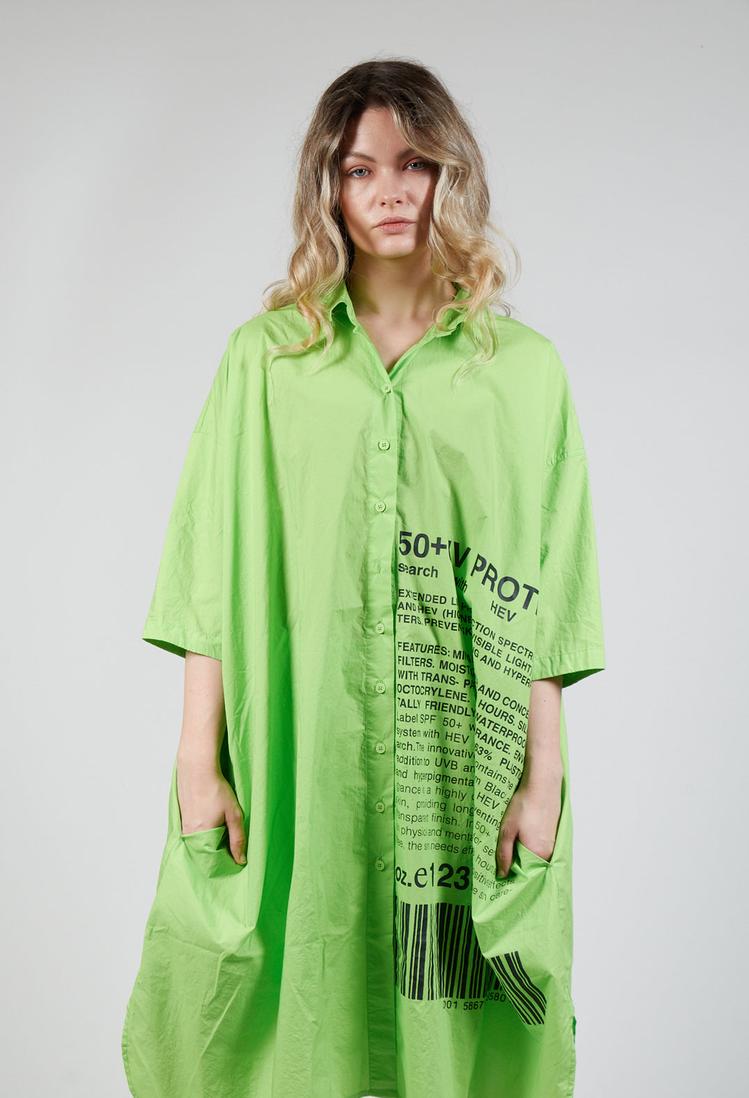 Relaxed Fit Shirt Dress with Lettering Motif in Lime Print