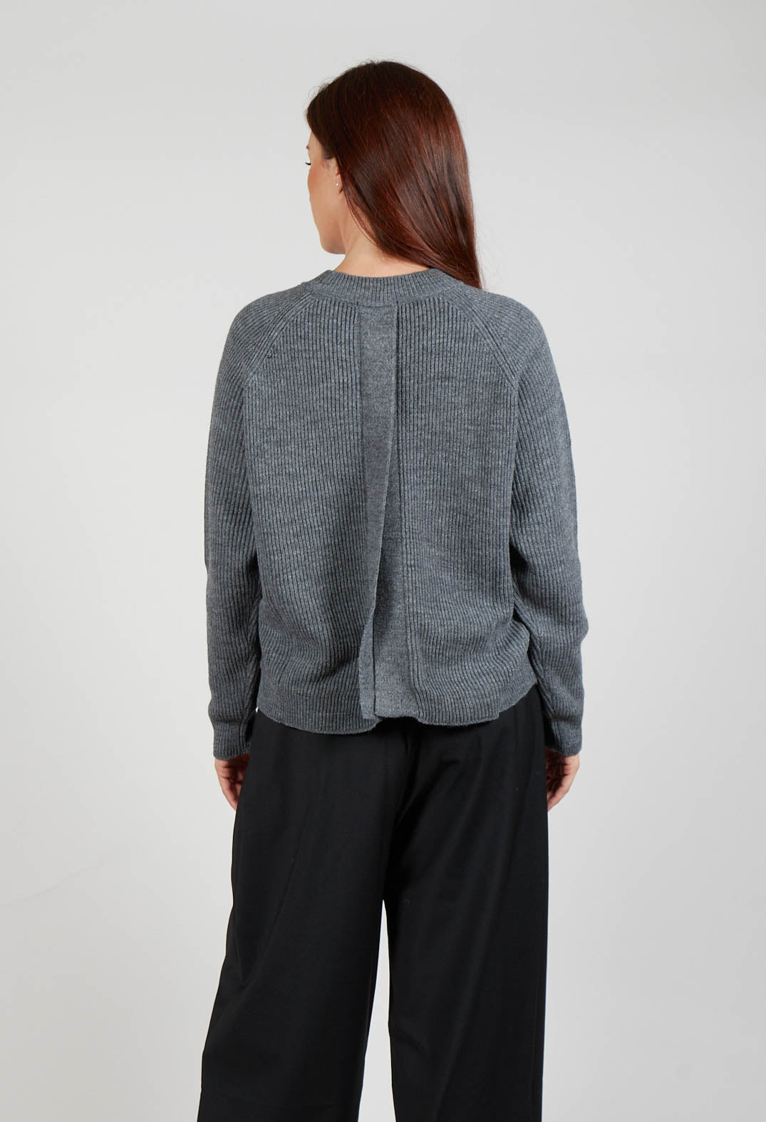 Ribbed Knit Jumper with Feature Pocket in Fumo and Stone