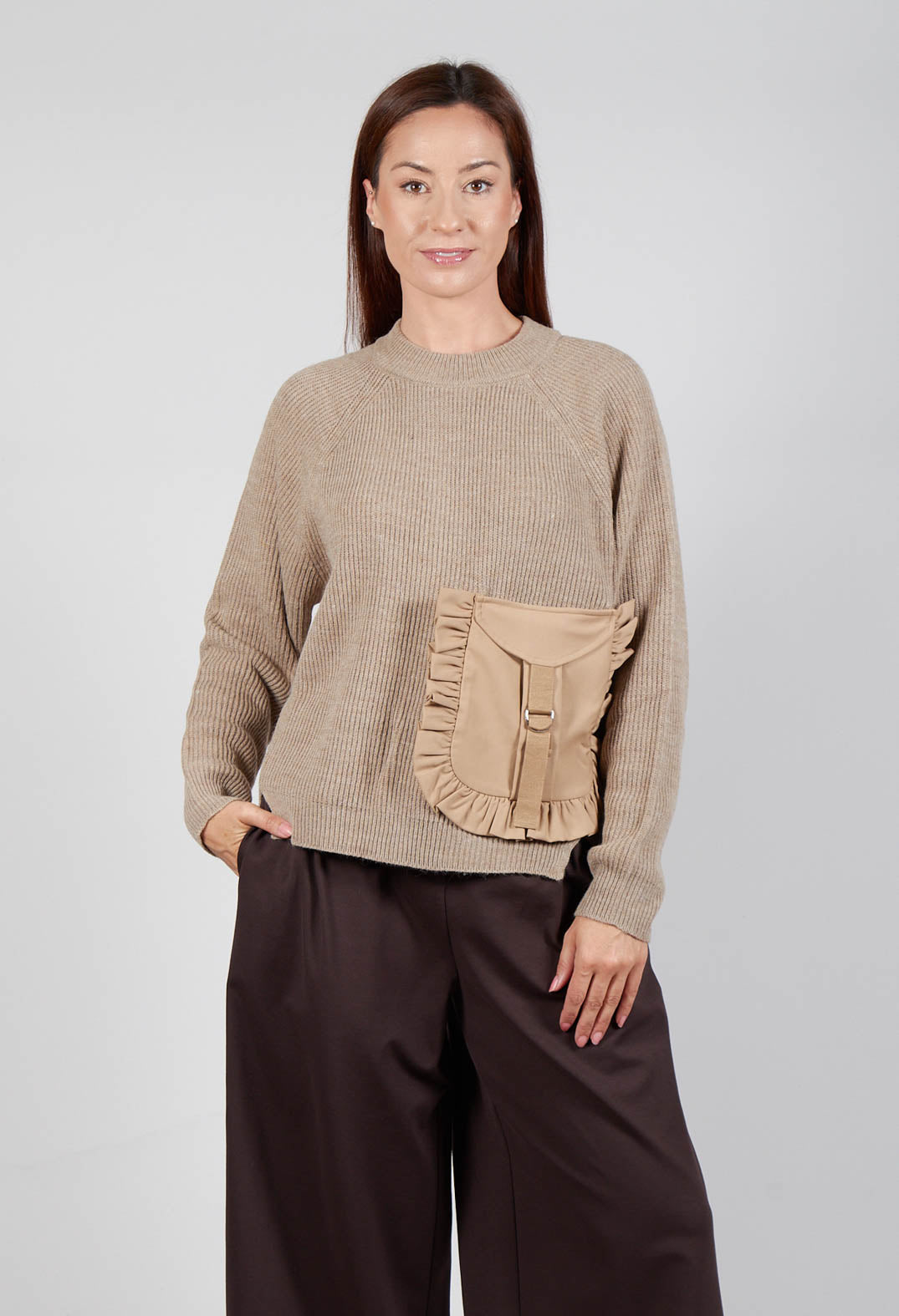 Ribbed Knit Jumper with Feature Pocket in Visone and Camel