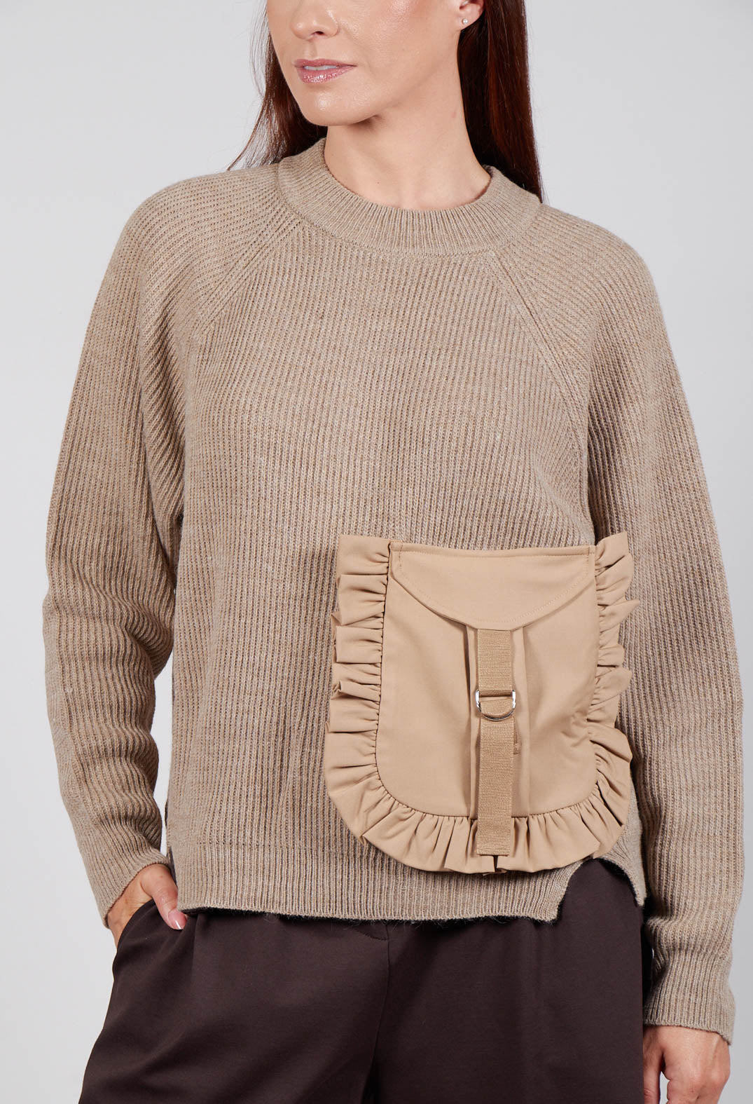 Ribbed Knit Jumper with Feature Pocket in Visone and Camel