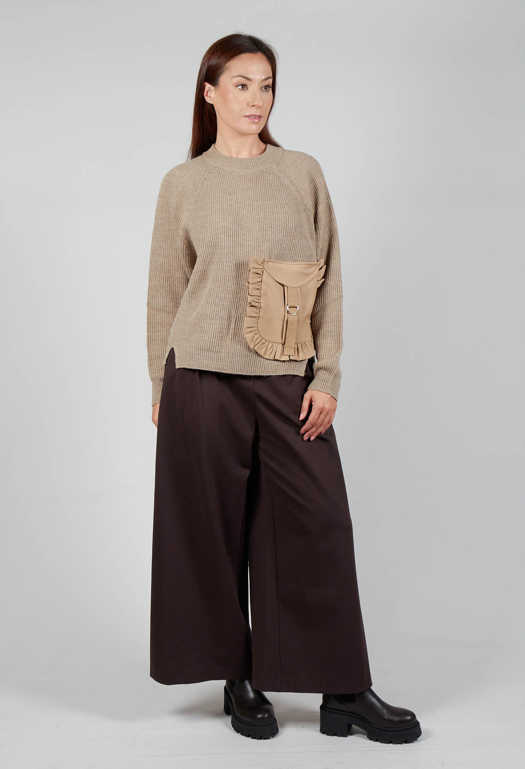 Ribbed Knit Jumper with Feature Pocket in Visone and Camel
