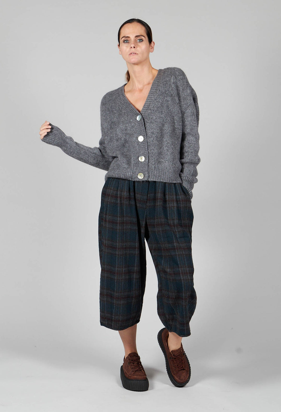 Ribbed V Neck Buttoned Sweater in Ash Grey