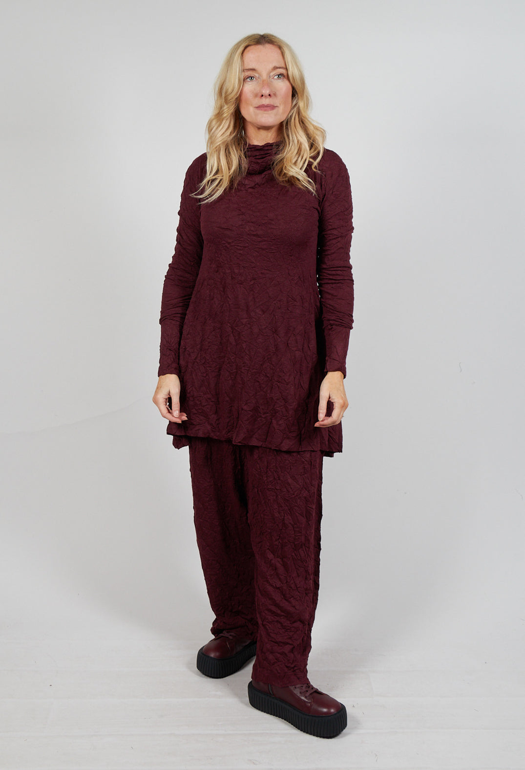 Roll Neck Crinkle Top in Merlot