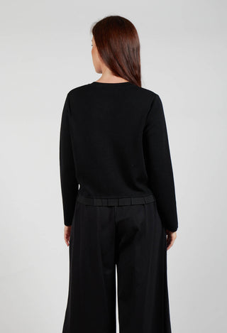 Round Neck Cardigan with Pleated Hem in Nero