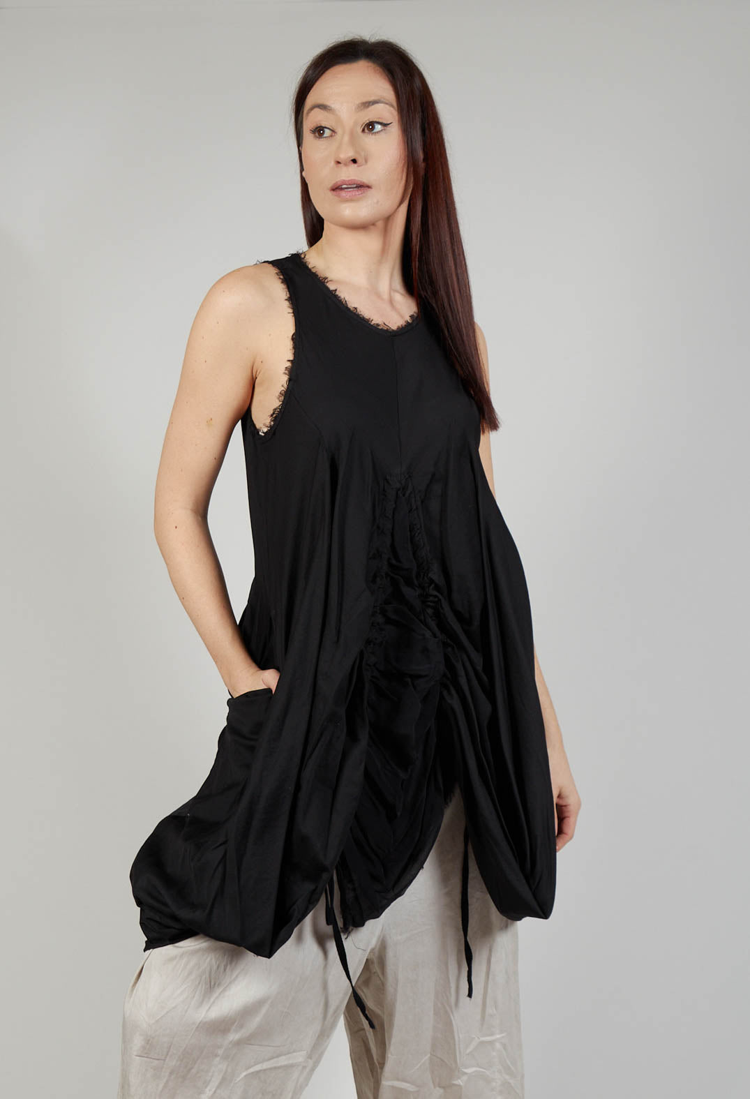 Ruched Dress in Cotone Tinto Freddo Nero