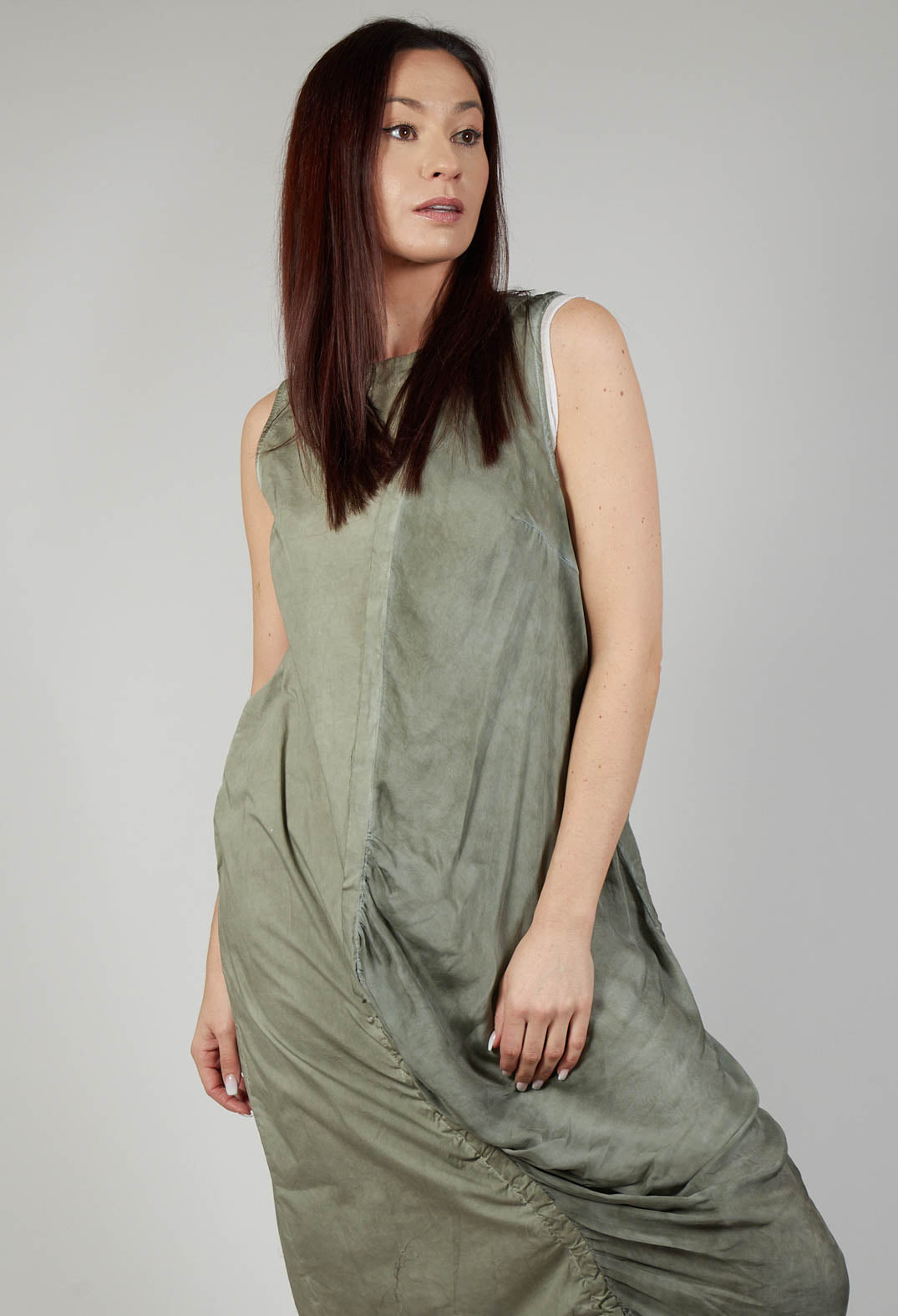 Ruched Dress in Tela Paracadute Tinto Freddo Olive