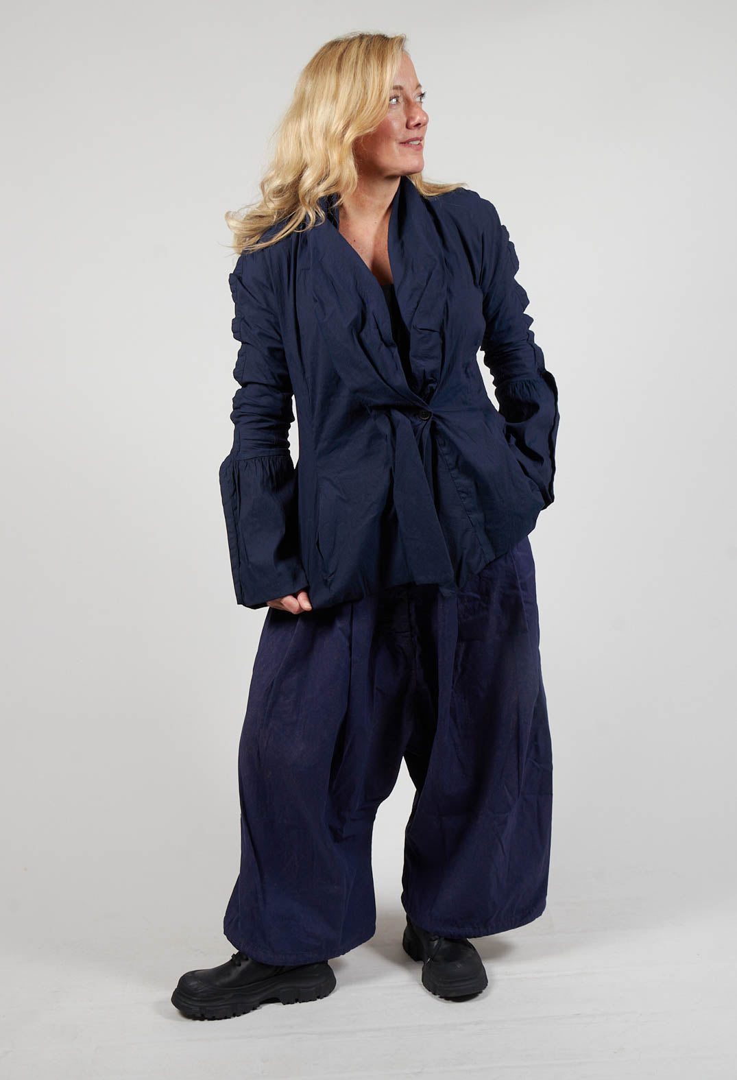 Ruched Fabric Collar Jacket With Statement Sleeves in Grape