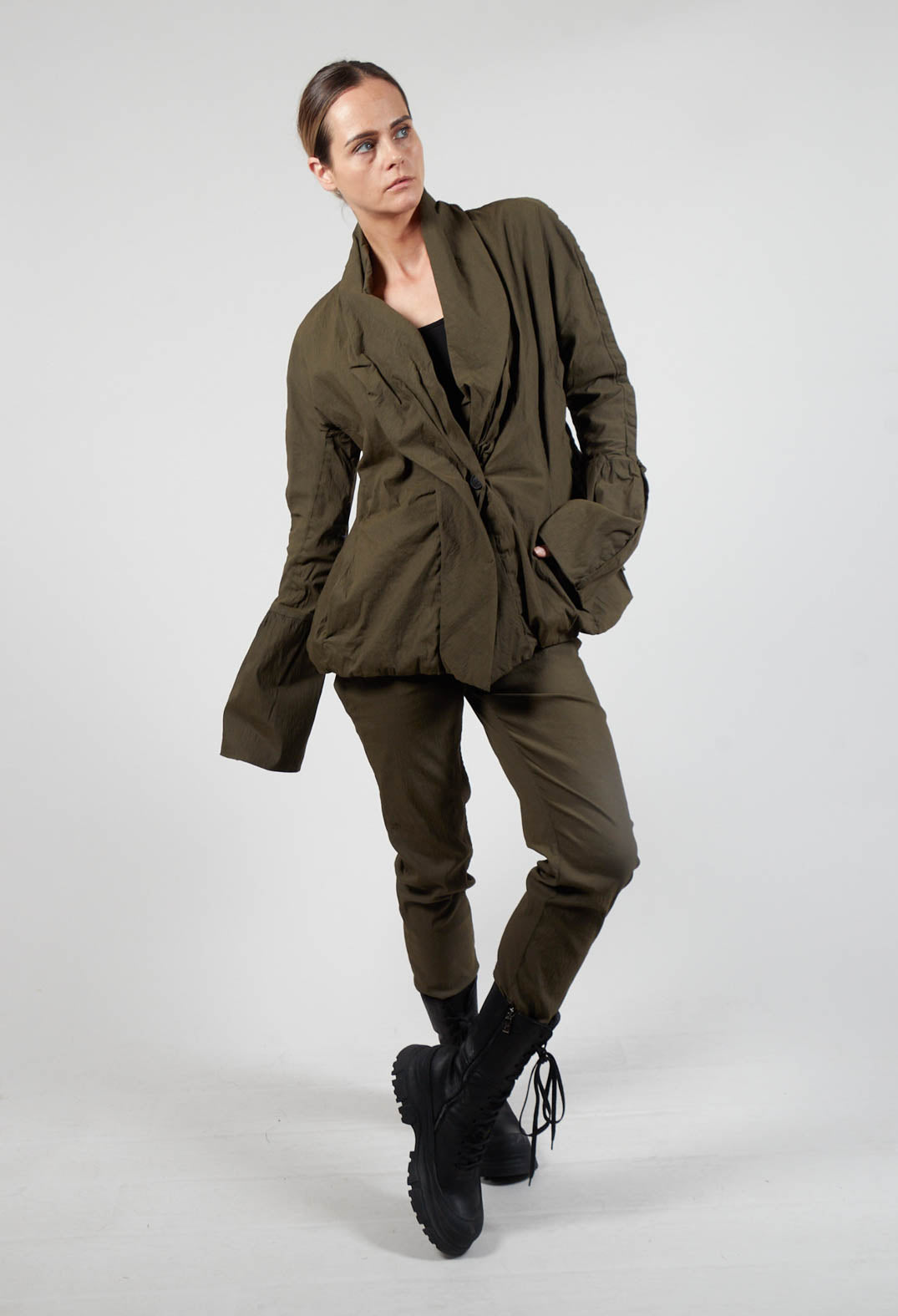 Ruched Fabric Collar Jacket With Statement Sleeves in Khaki