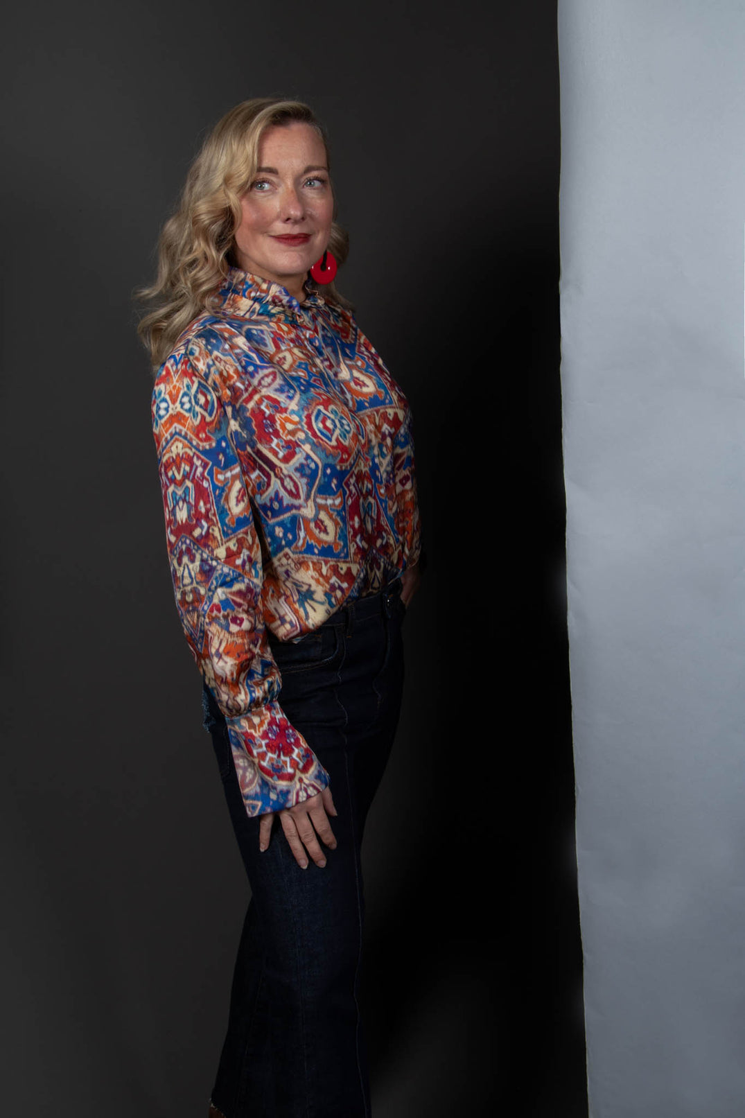 High Neck Blouse with Ruffle in Azarro Print