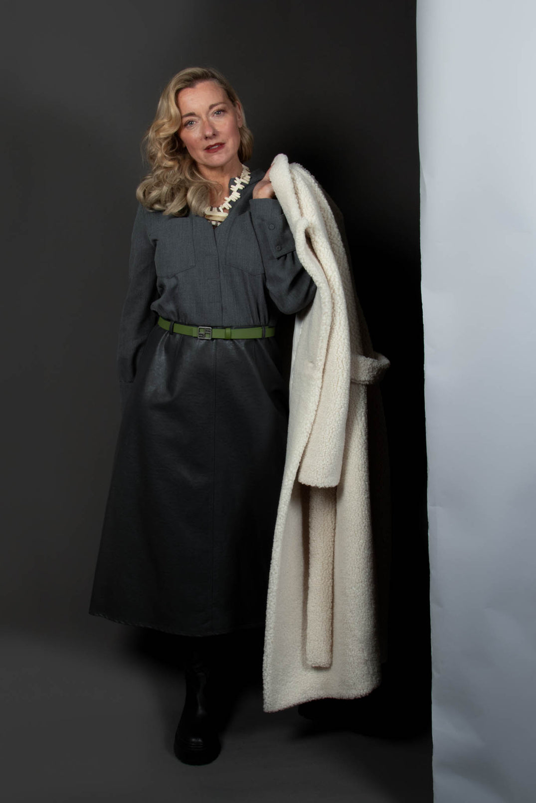 Dual Fabric Metallic Dress in Anthracite