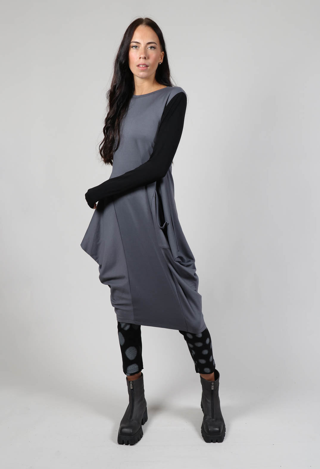 Long Sleeved Jersey Dress with Back Zip Detail in Grey Black