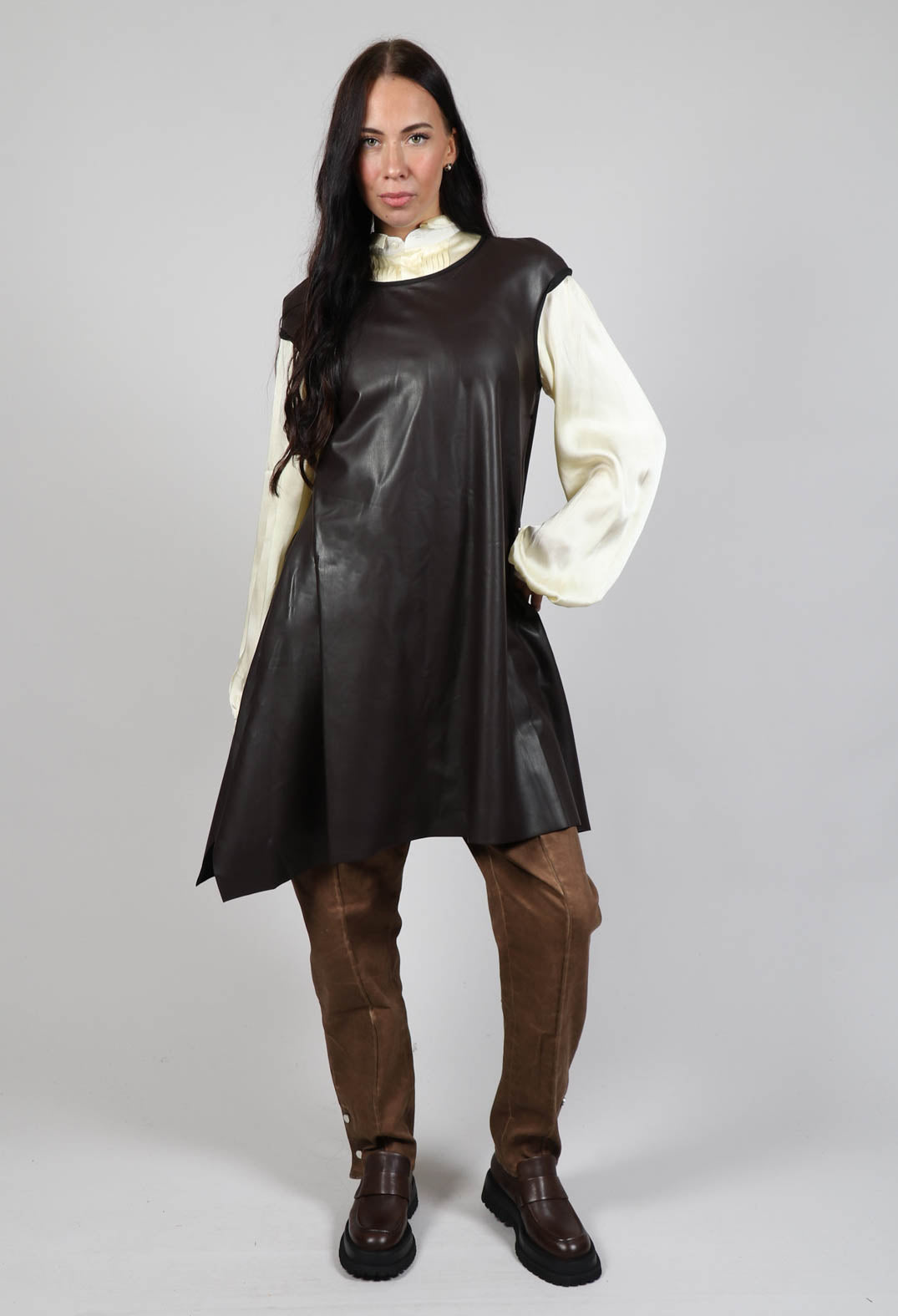 Leather Look A Line Dress in Brown