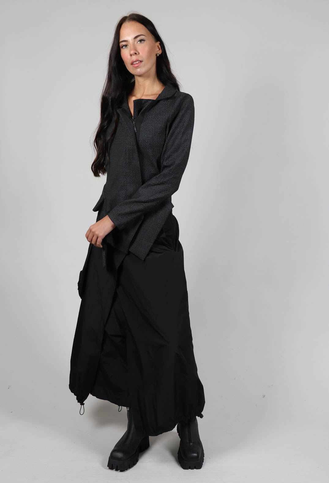 Asymmetric Hem Jacket with Grey Black Print