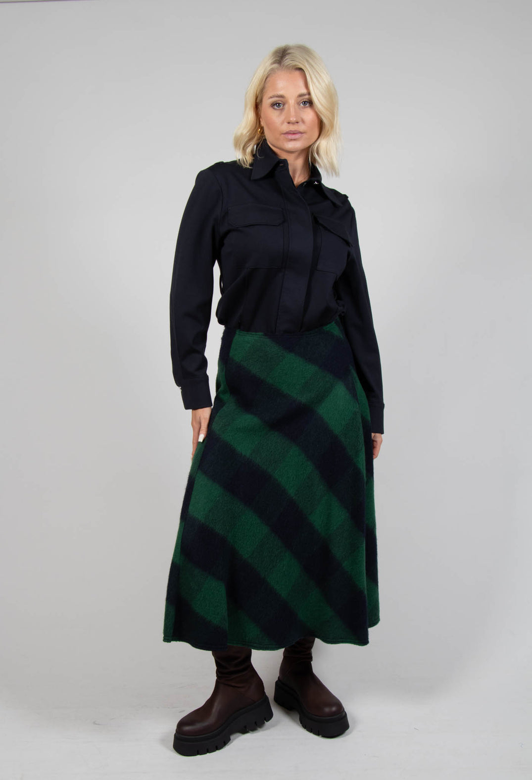 London Wool Check Skirt in Blue and Green