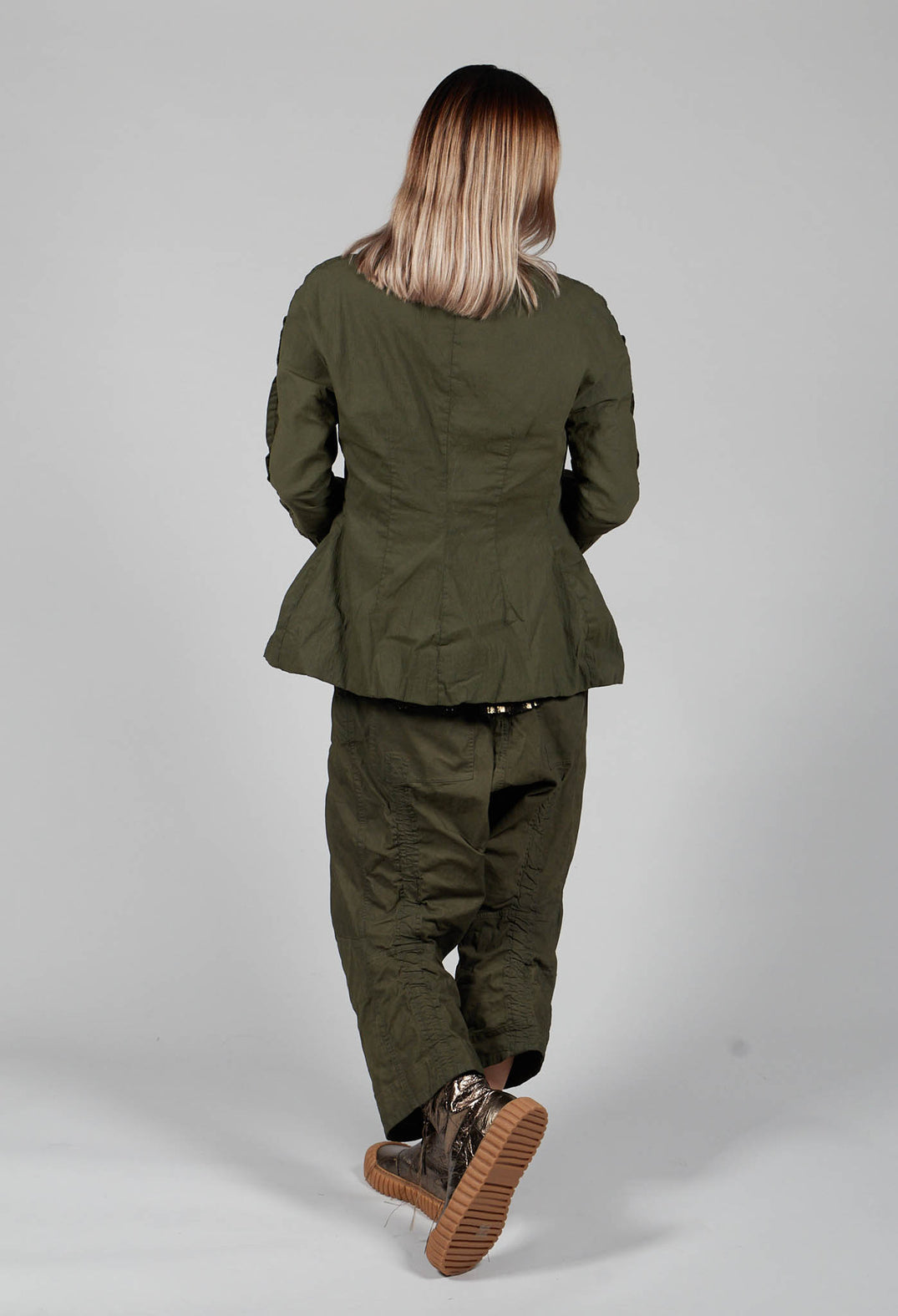 Ruched Fabric Collar Jacket With Statement Sleeves in Olive