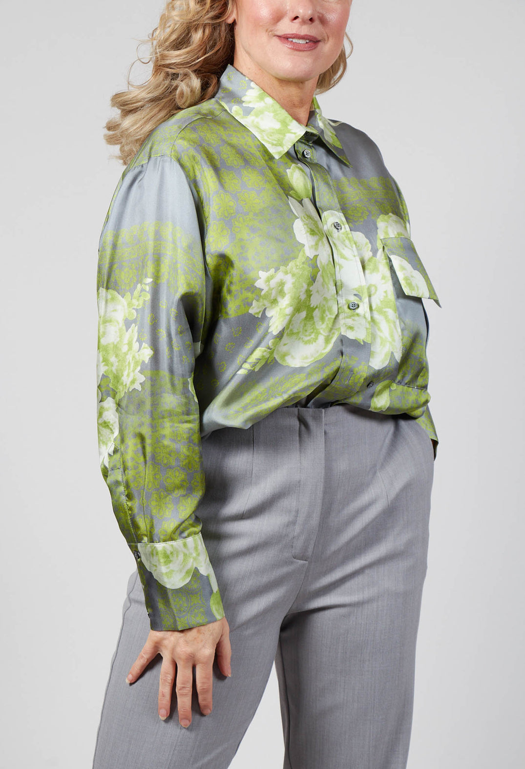 Garden Print Silk Blouse in Grey