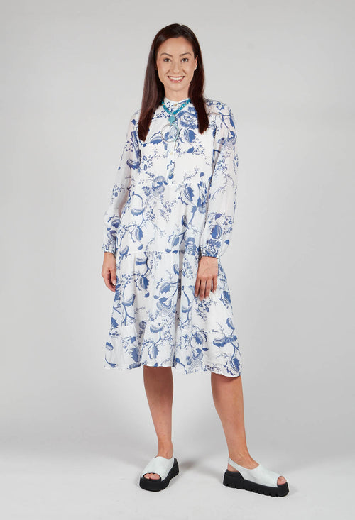 Long Sleeve Shirt Dress with Blue and White Print