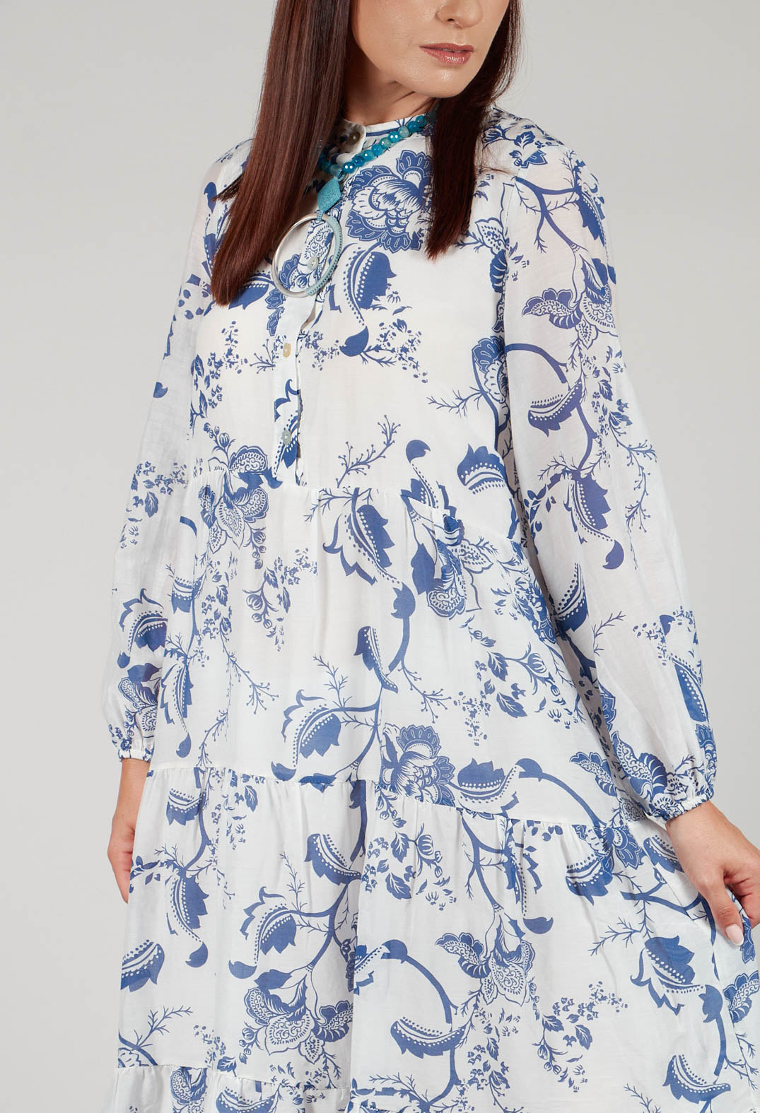 Long Sleeve Shirt Dress with Blue and White Print