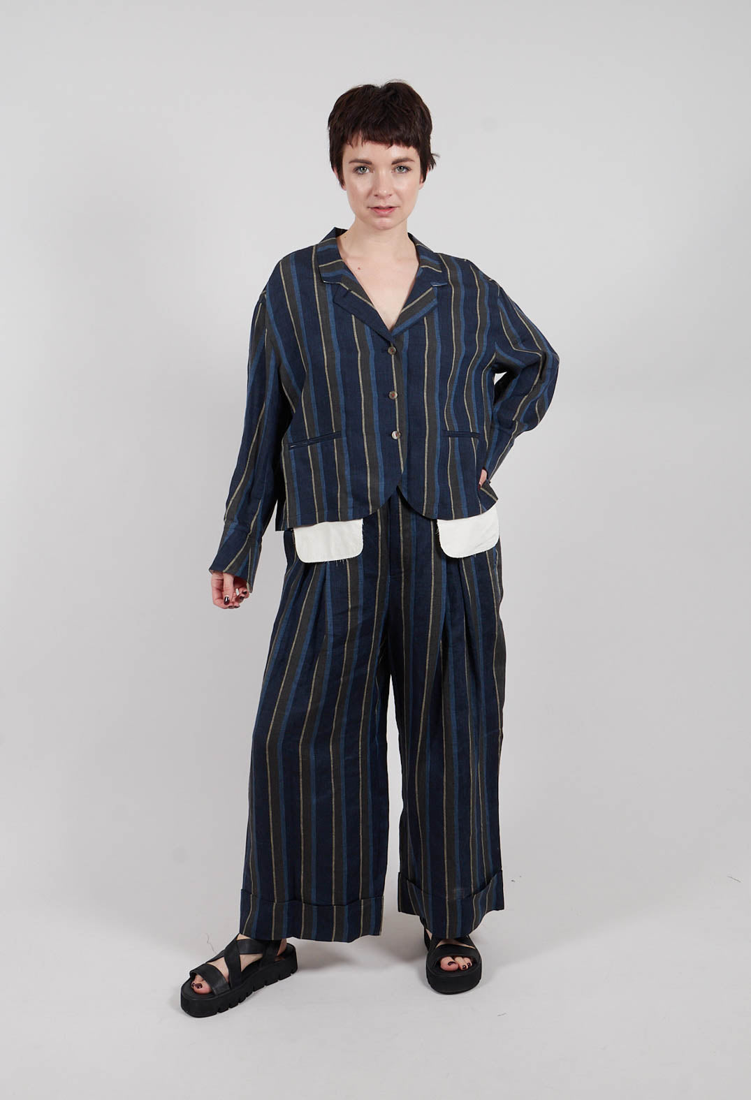 Open Neck Shirt in Navy Stripe
