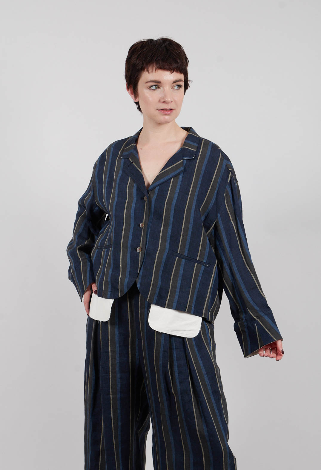 Open Neck Shirt in Navy Stripe