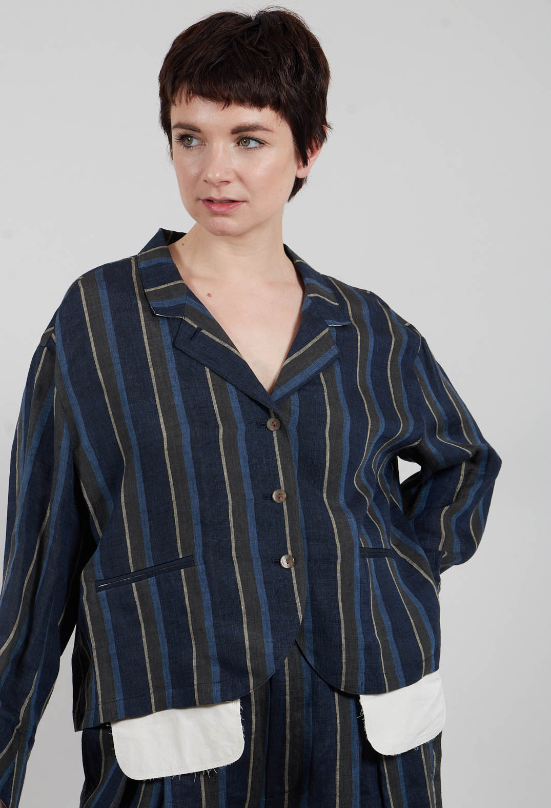 Open Neck Shirt in Navy Stripe