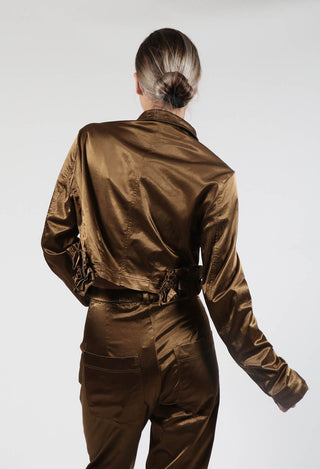 Satin Cropped Jacket with Ruffle Detail in Bronze
