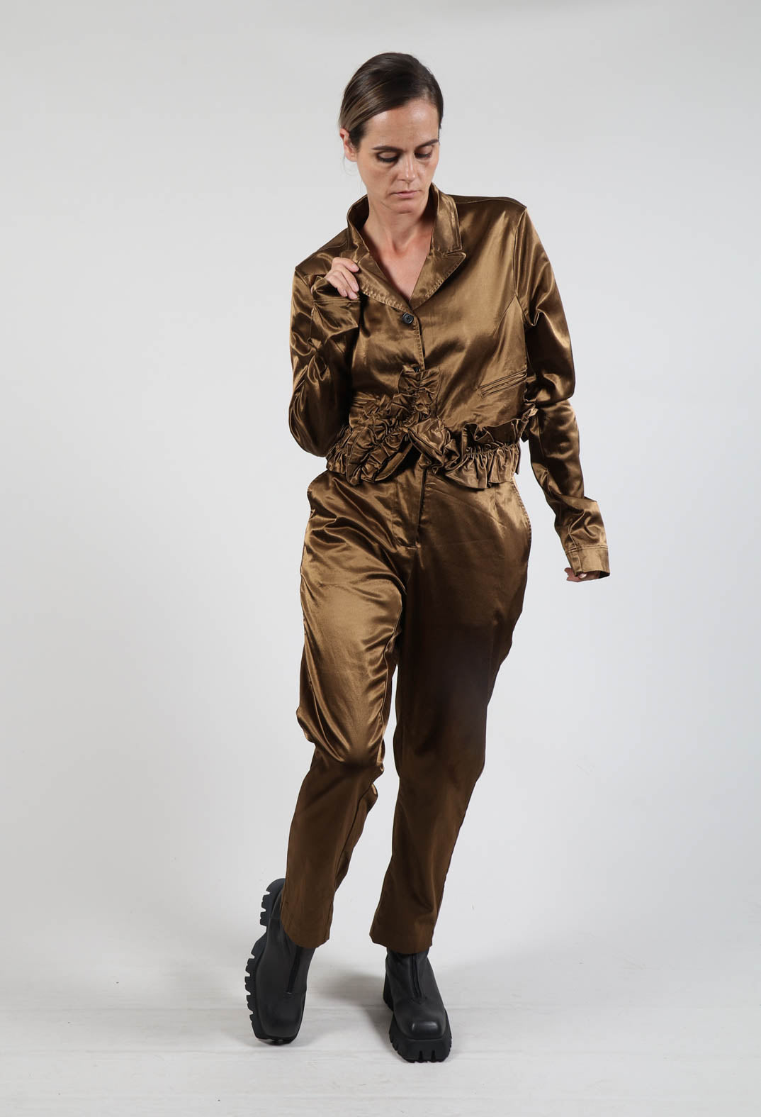 Satin Cropped Jacket with Ruffle Detail in Bronze