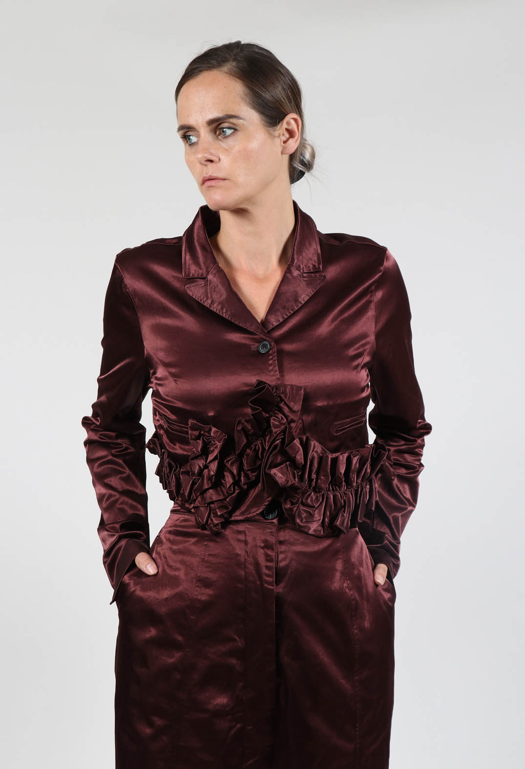 Satin Cropped Jacket with Ruffle Detail in Wood