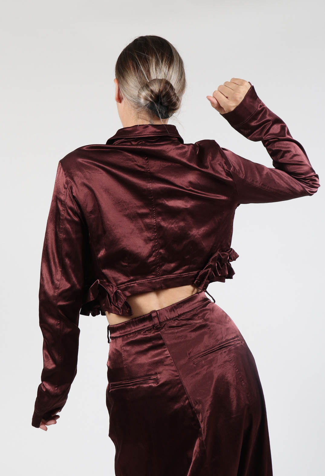 Satin Cropped Jacket with Ruffle Detail in Wood