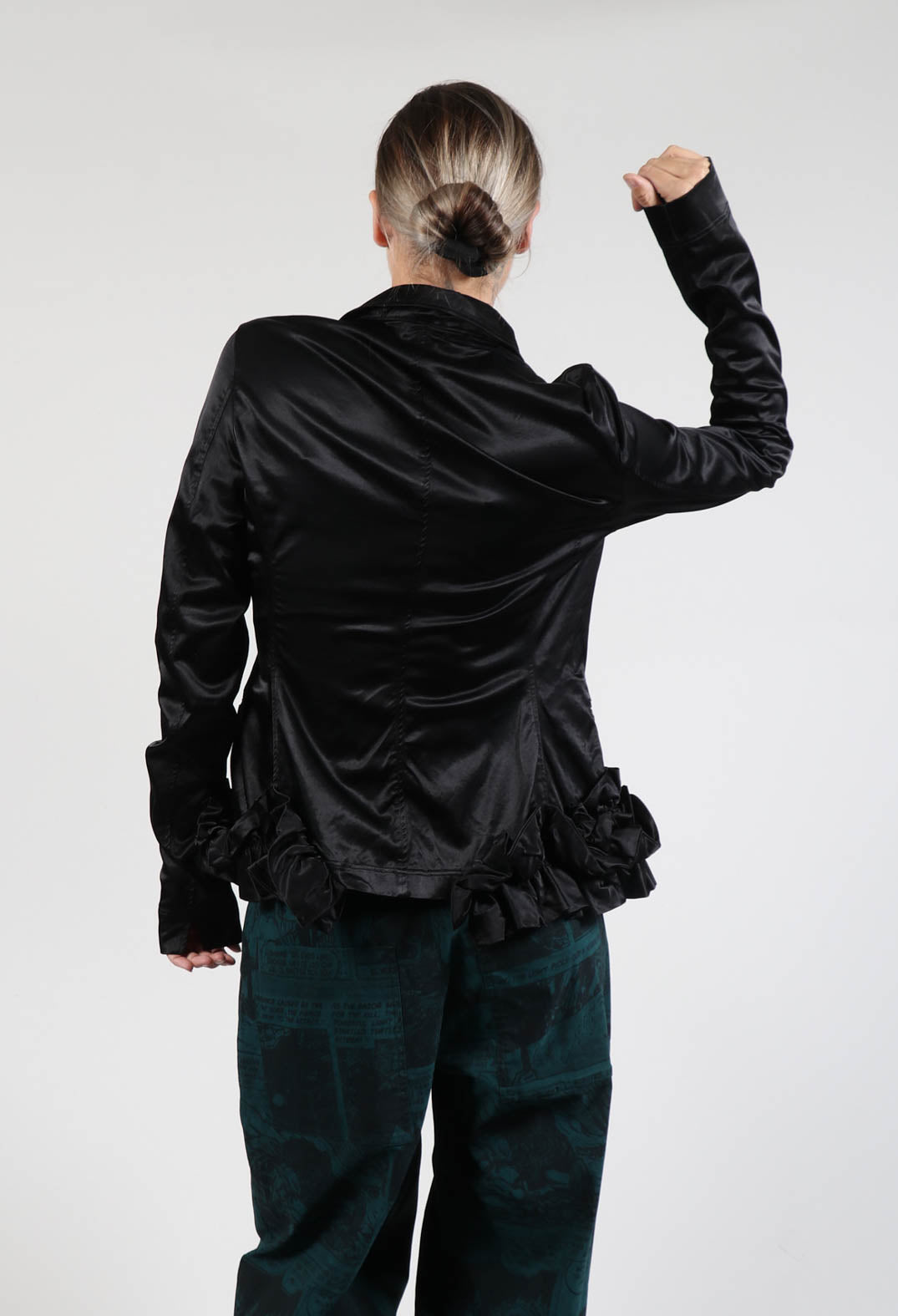 Satin Jacket with Ruffle Detail in Black