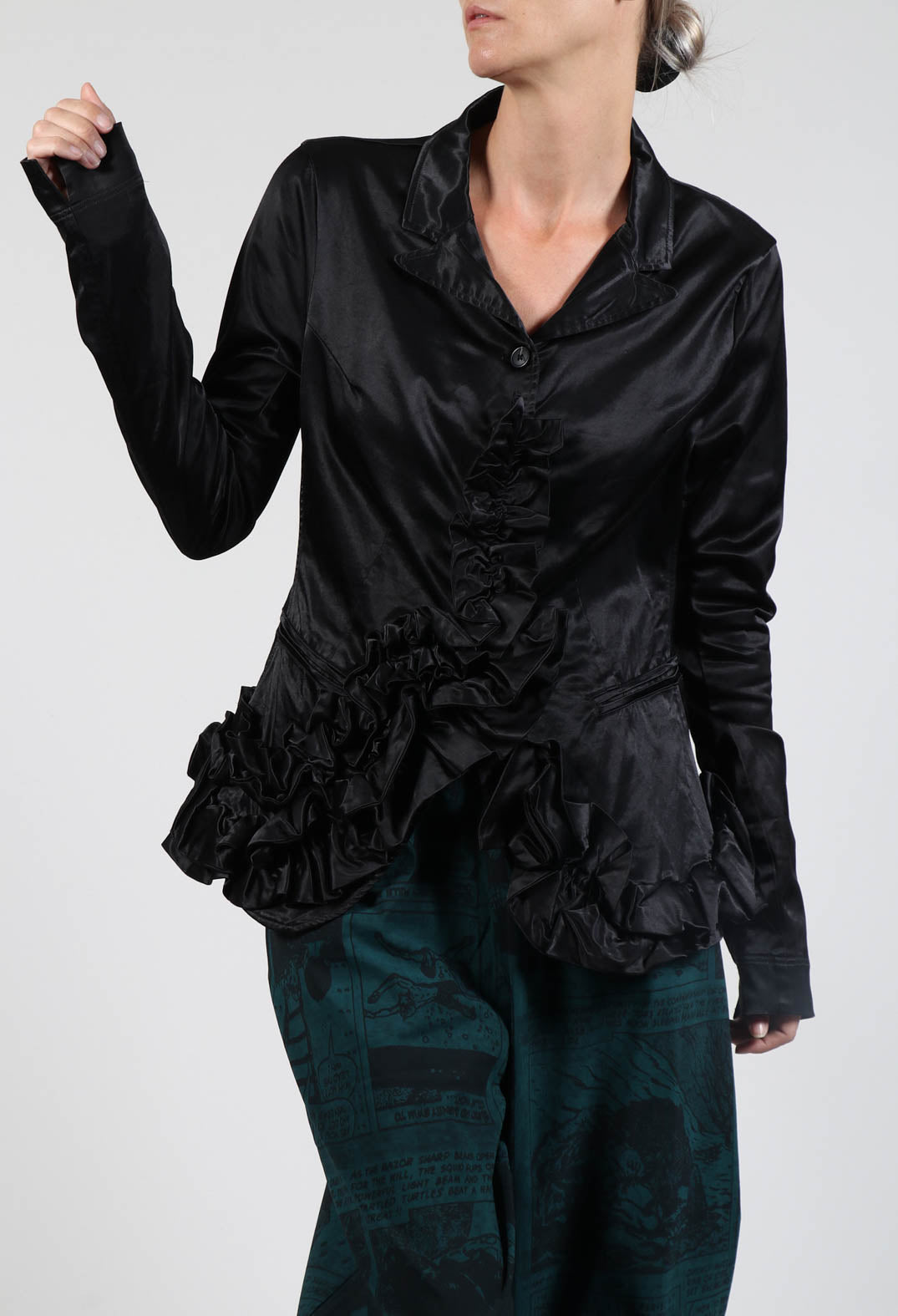 Satin Jacket with Ruffle Detail in Black