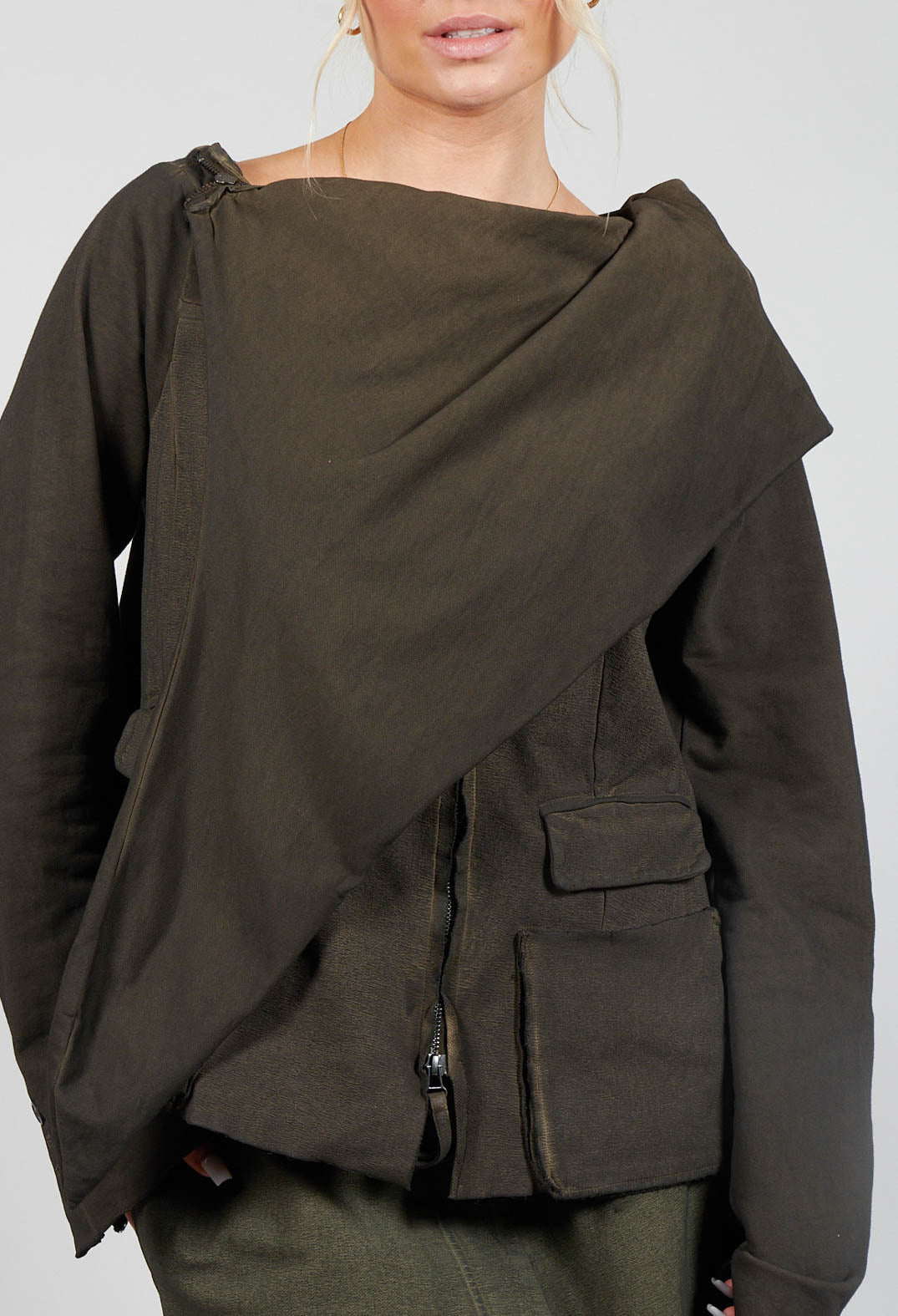 stylish ladies utility jacket with a scarf neck in khaki cloud