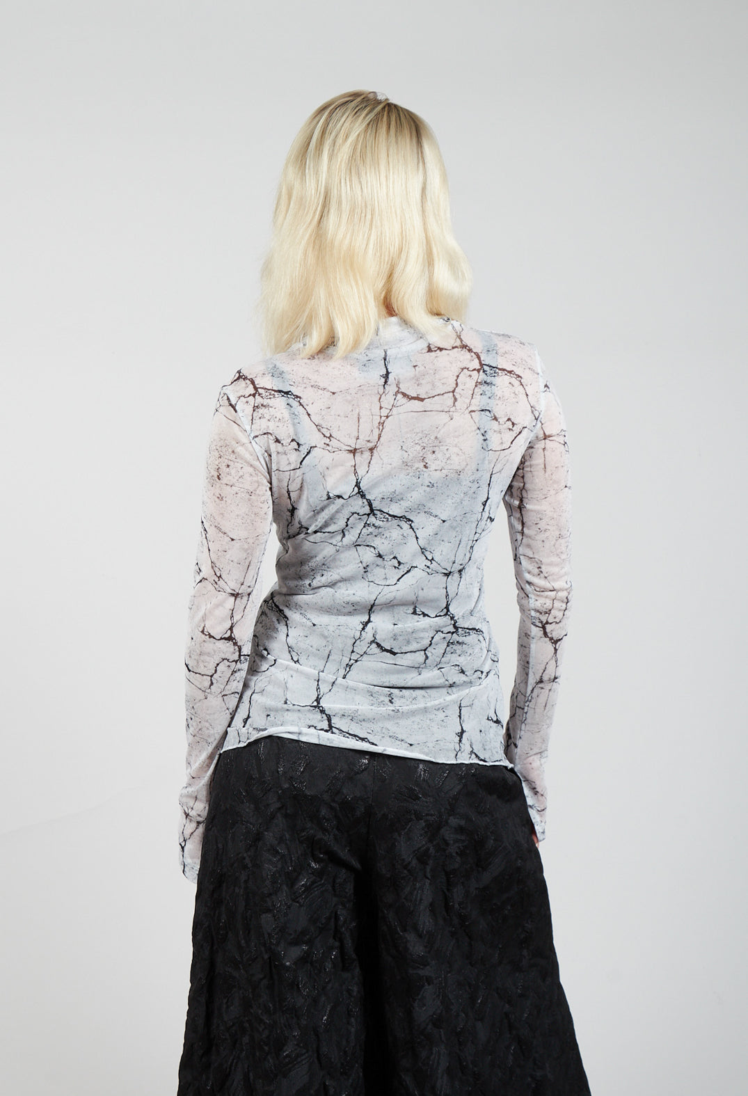 Sheer Long Sleeve Top in White Print
