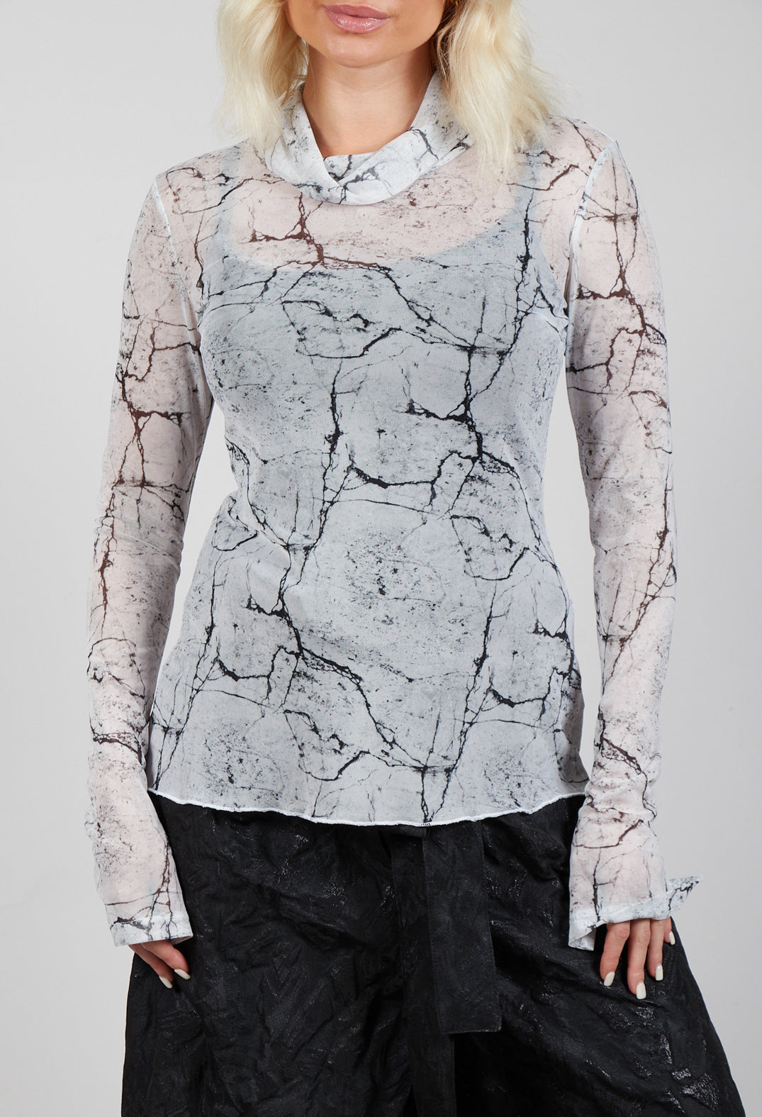 Sheer Long Sleeve Top in White Print