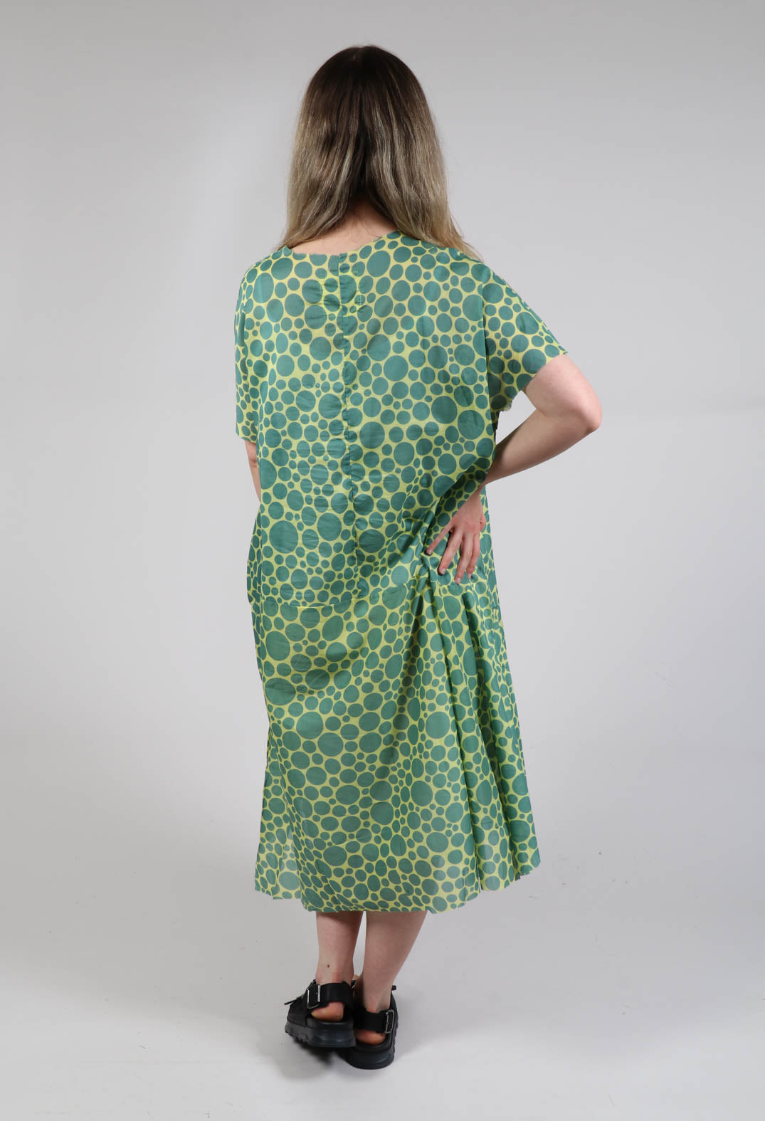 Sheer Pocket Detail Dress in Lime with Green Pois