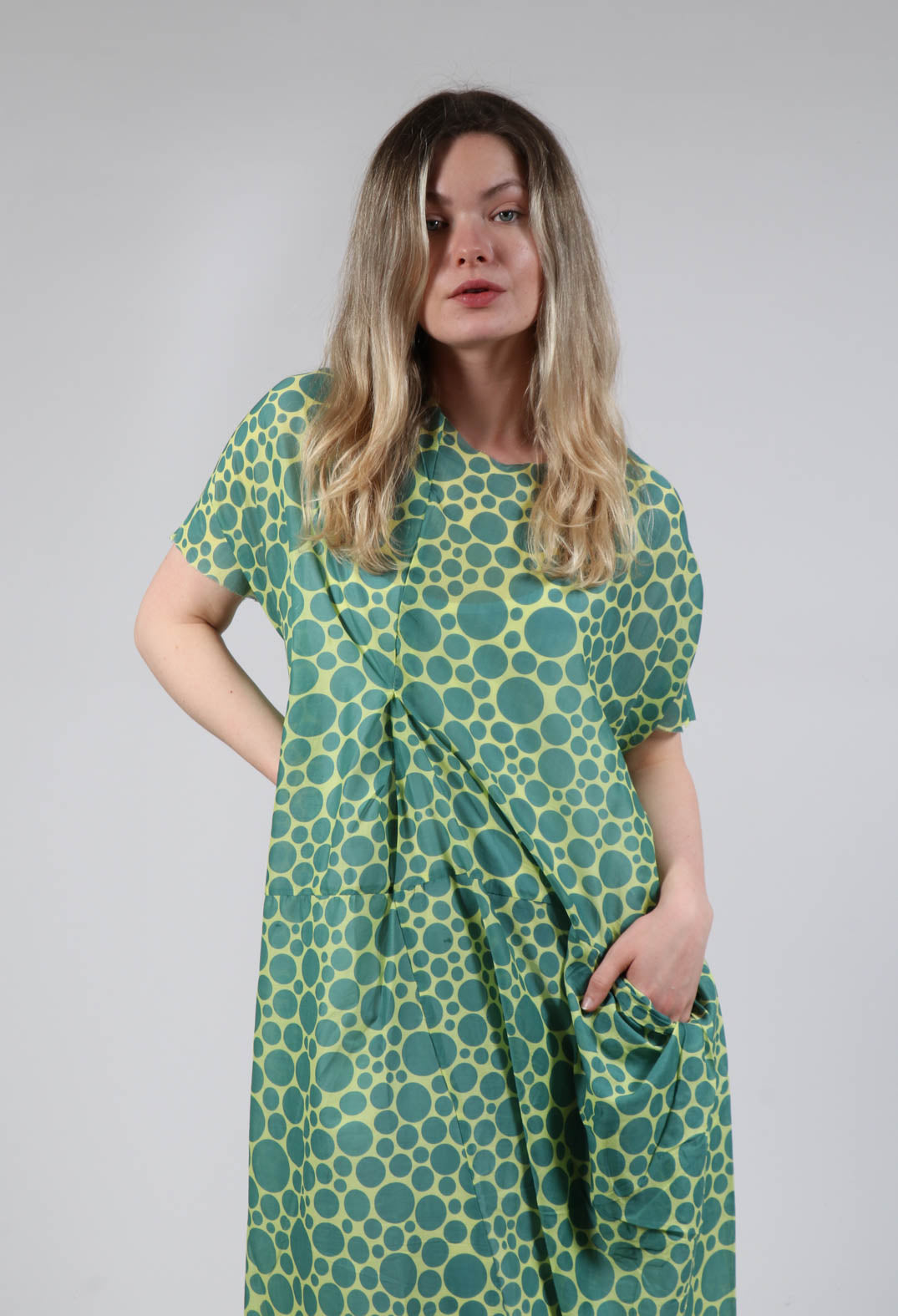 Sheer Pocket Detail Dress in Lime with Green Pois