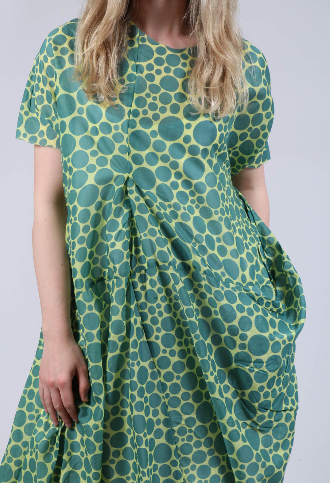 Sheer Pocket Detail Dress in Lime with Green Pois