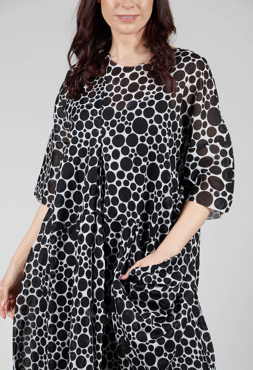 Sheer Pocket Detail Dress in White with Black Pois