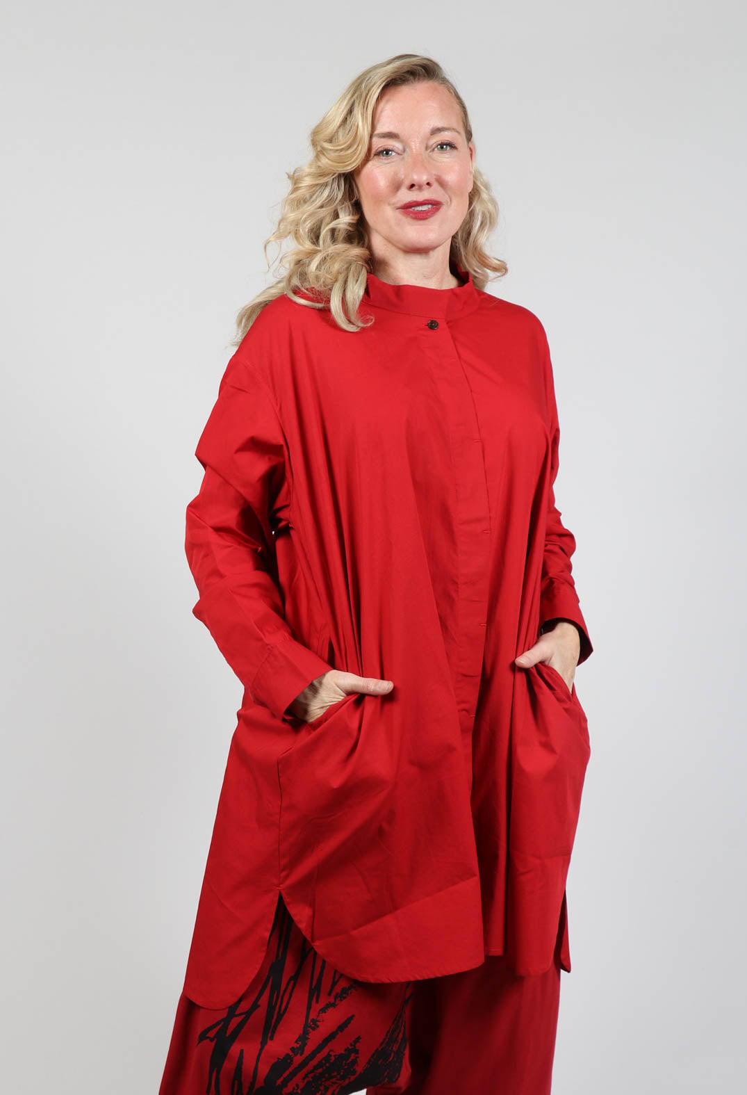 Shirt Dress with Stand Collar in Red
