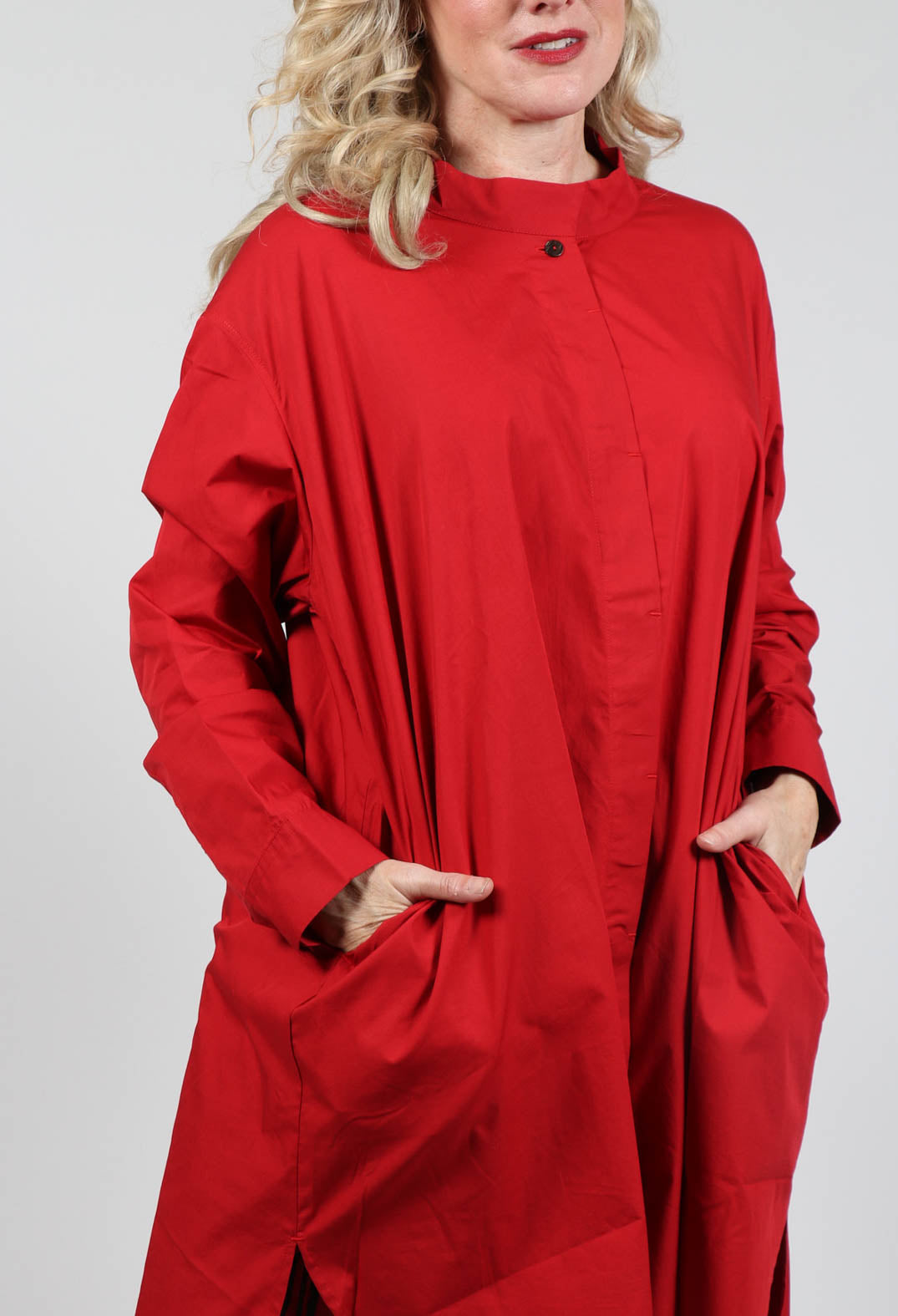 Shirt Dress with Stand Collar in Red
