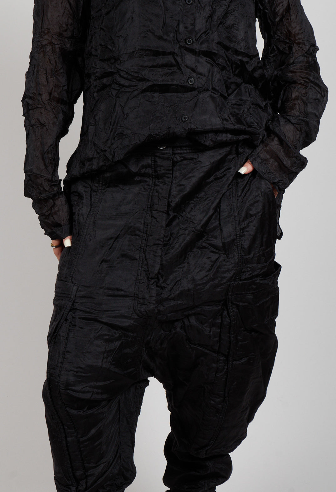 Silk Straight Leg Drop Crotch Trousers in Black